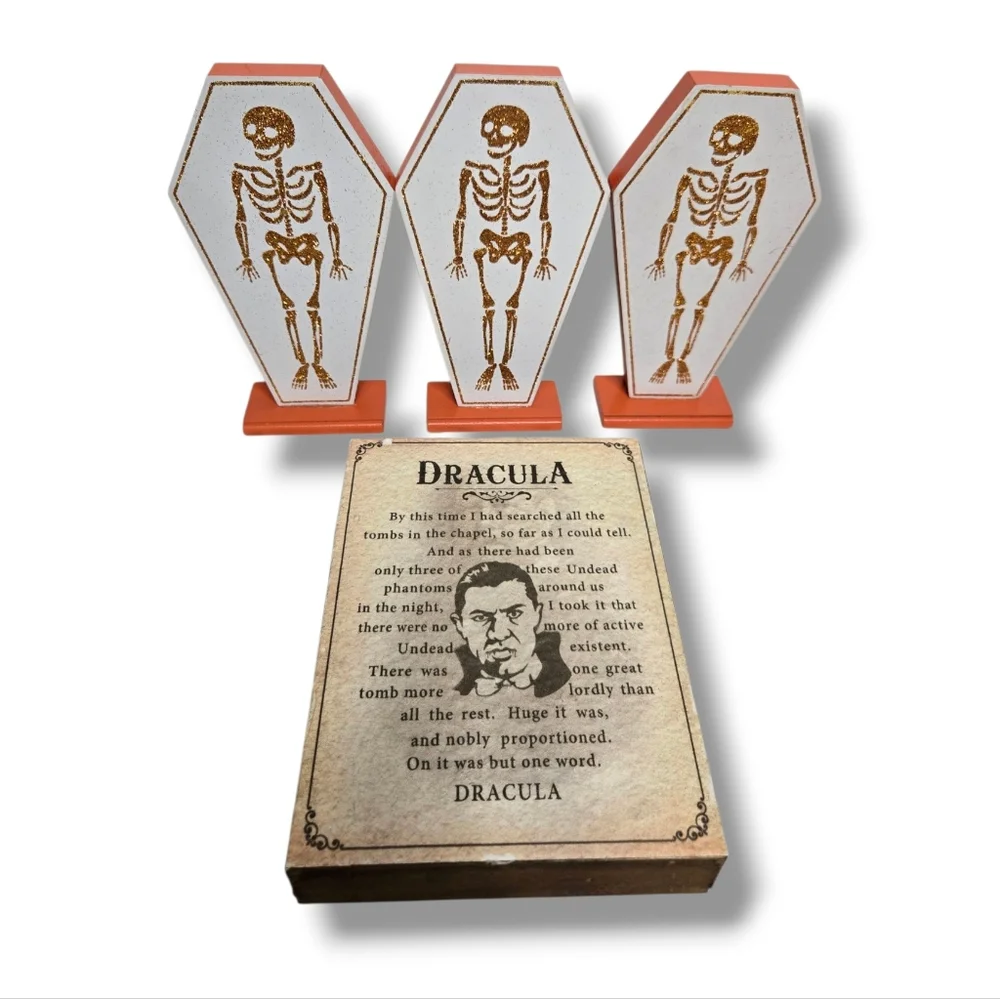 NEW Ashland Hippie Hallow orange‎ glitter skeletons and wooden Dracula art decor